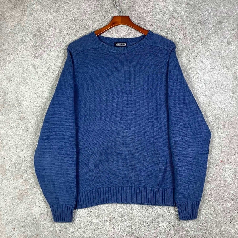 VTG Lands End Sweater Mens XL Blue Cotton Crew Neck Long Sleeve Knit Made Japan